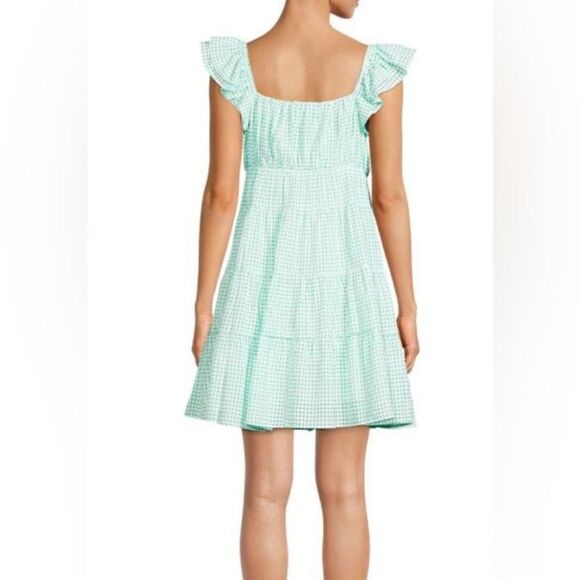 English Factory green and white checkered mini tiered dress NEW size S - Picture 2 of 8